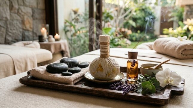 A wooden spa tray beautifully arranged with black massage stones, an herbal compress, essential oil, and lavender, set on a massage bed with a garden view.