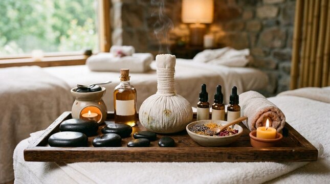 A wooden wellness tray arranged with hot stones, an herbal compress, massage oil, dropper bottles, and burning candles on a spa massage bed.