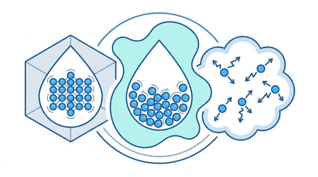 Molecular and atomic structure illustration in water droplets.