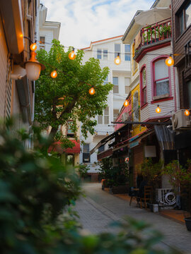 Cozy street with Ottoman houses in Istanbul, Turkey 