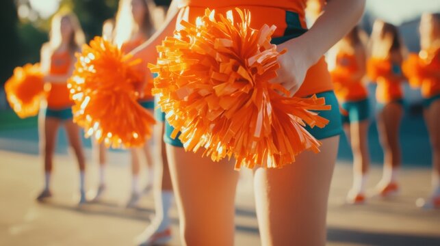Close up of cheerful girls pom poms held by cheerleaders performing during a sports match