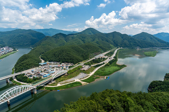 Panoramic Mountain and River Landscape with Bridges in Danyang