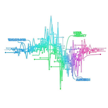 Abstract data visualization with connected nodes representing training data model accuracy and algorithms isolated on transparent background