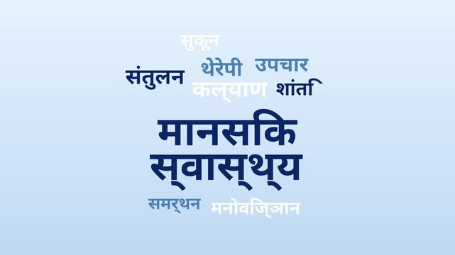 Mental health typography animation in Hindi language featuring blue gradient background and healthcare terminology.