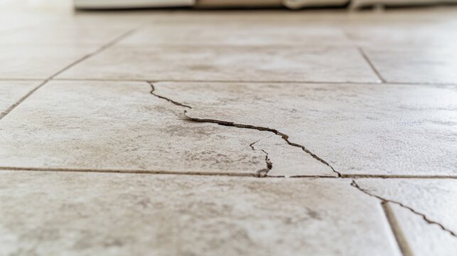 Close up of broken and cracked ceramic floor tiles in a residential building room. Need for renovation