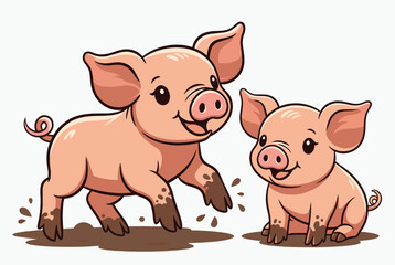 Obraz premium Two adorable pink cartoon piglets playing cheerfully in a muddy puddle, showing muddy feet and happy expressions on a white background.