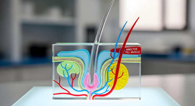 Cross section diagram of human skin follicle showing arrector pili muscle and blood flow.