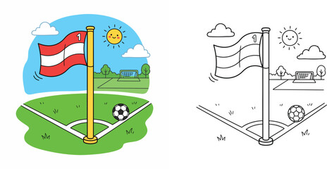 Football corner flag and soccer ball coloring book vector illustration, colorful and outline version of a sports field with a goalpost and smiling sun for kids © MSTA