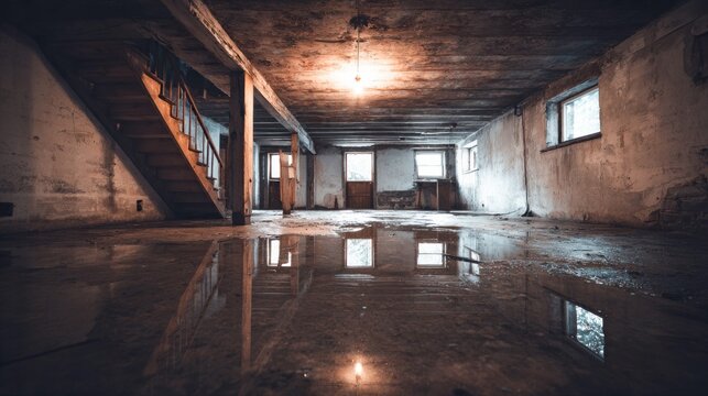 Eerie abandoned basement space with reflections