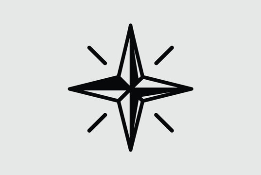 Minimalist black outline of a four-pointed starburst or compass rose icon isolated on a light gray background.