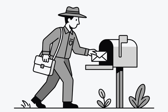 Retro style black and white line art vector of a mailman inserting a letter envelope into a curbside mailbox.