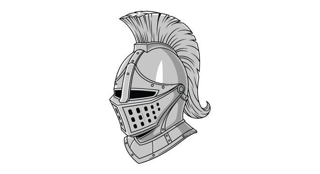 Detailed black and white vector illustration of an ancient spartan gladiator helmet with a large decorative crest.