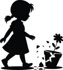 Black silhouette of a little girl accidentally breaking a flower pot with a plant