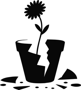 Black silhouette of a flower growing out of a broken pot with scattered pieces around