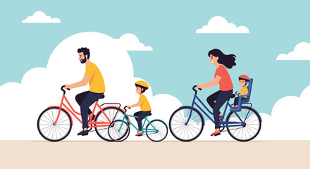 Fototapeta premium Happy family of four riding bicycles together outdoors, showcasing healthy active lifestyle and family weekend bonding.