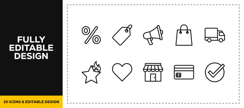 flat vector illustration line art icon bundle set design focusing on retail shopping tags commercial discount percentage sales mobile buying and delivery transport graphic