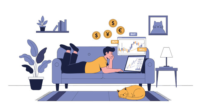 Young man lying on living room sofa while trading online stock market charts on laptop with sleeping cat nearby.