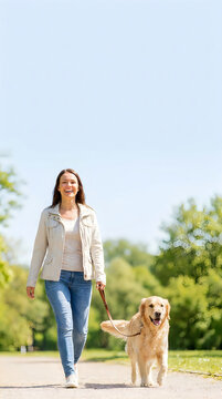 Happy young woman walking with her golden retriever dog in a sunny green park