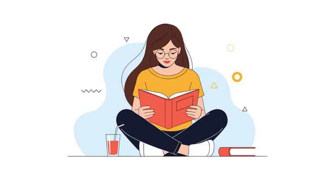 Young intelligent woman sitting cross-legged on floor reading red book with juice glass and geometric shapes around.