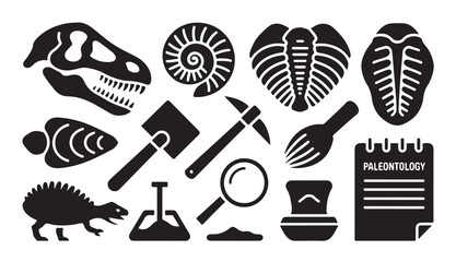 Paleontology research icons featuring dinosaur skull fossils and archaeological field gear. © MDNAZMUL