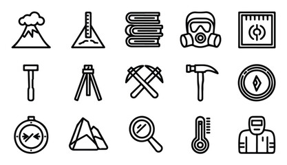 Geology linear icons set volcano hammer compass tripod magnifying glass thermometer mask books. © MDNAZMUL