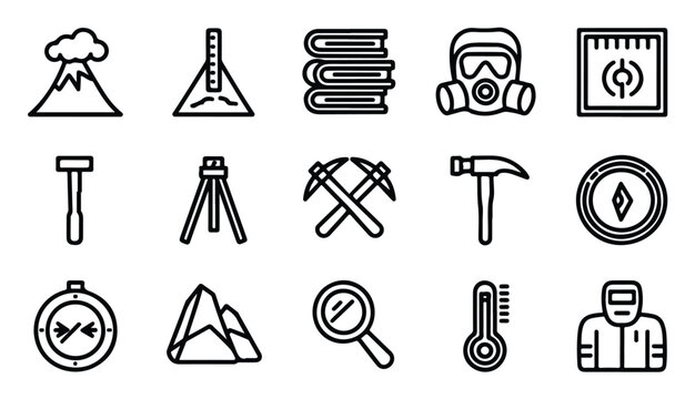 Geology linear icons set volcano hammer compass tripod magnifying glass thermometer mask books.