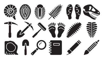 Paleontology and archaeology glyph icons set fossils tools footprints dinosaur skull notebook. © MDNAZMUL