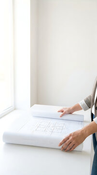 Professional architect hands working on paper blueprints on a modern desk