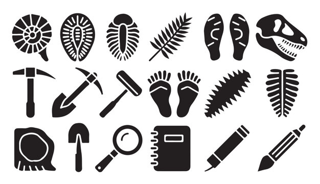 Paleontology and archaeology glyph icons set fossils tools footprints dinosaur skull notebook.