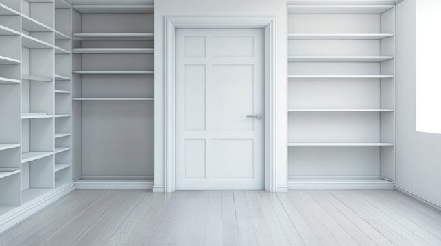 nterior view of an empty white modern walk-in closet or wardrobe room with built-in shelves