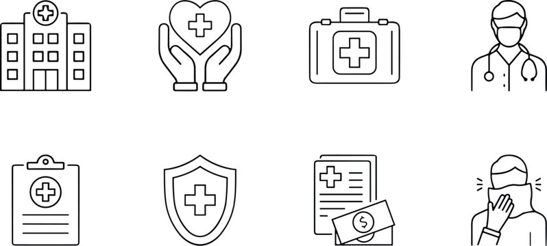 Hospital and medical line icon set featuring doctor first aid kit shield insurance billing and sick patient.