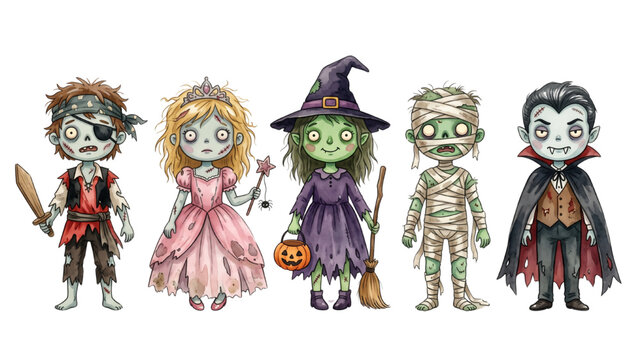 Halloween Zombie Kids Vector Set with Different Costumes Isolated on Transparent Background