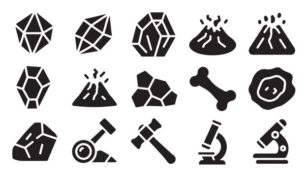 Geological exploration and science icons set featuring rocks volcanoes and microscope lab.