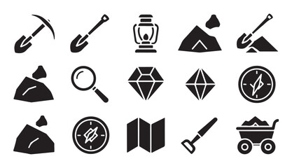 Mining exploration icons showing tools shovels lanterns compasses gems and equipment kit. © MDNAZMUL