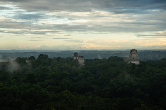 Ancient Maya temples rising above rainforest canopy in Tikal