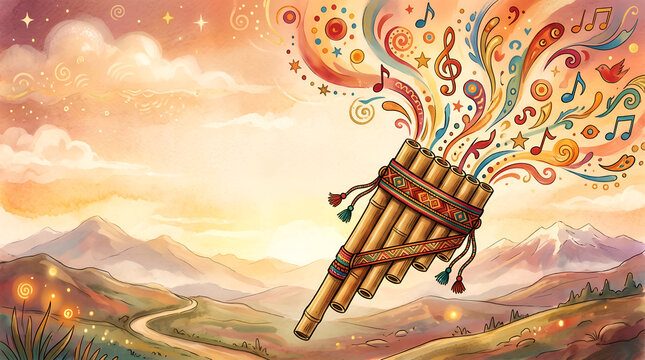 Pan flute with colorful musical notes in mountain landscape