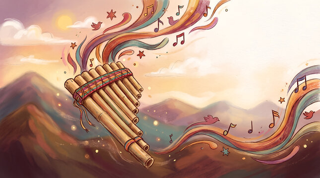 Pan flute instrument with colorful musical notes and birds in mountains