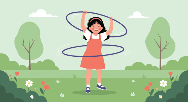 Happy young girl playing with hula hoops in a beautiful green park filled with colorful flowers and trees.