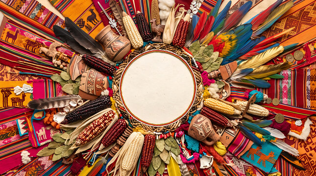 Andean cultural composition with traditional textiles, corn, and feathers
