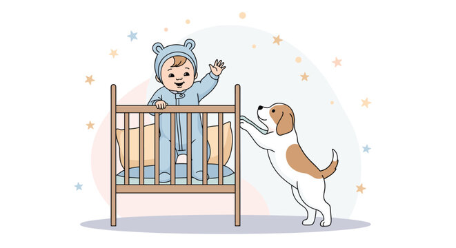 Adorable baby in blue onesie standing in wooden crib and waving hand to cute little puppy dog next to him.