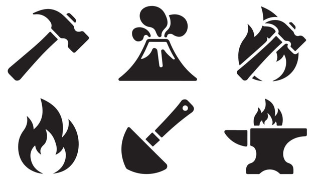 Black silhouette collection of volcanic fire icons and blacksmith hammer forge tools.
