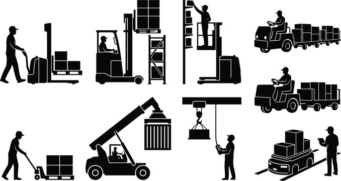 Vector silhouette collection of warehouse machinery operators driving forklifts reach stackers order pickers and managing logistics inventory isolated on white background
