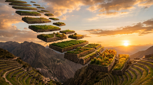 Surreal floating stone agricultural terraces in the andes mountains