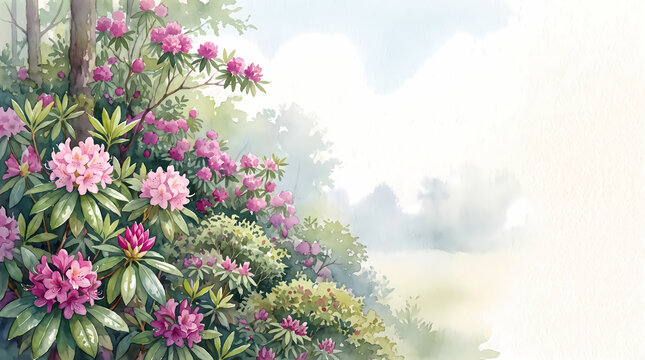 Rhododendron Woodland Bloom Watercolor With Copy Space