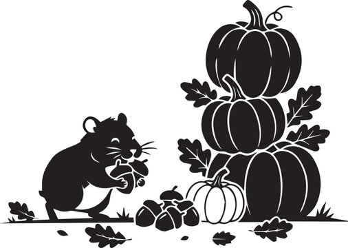 Happy hamster with stack of autumn pumpkins and scattered acorns falling leaves harvest concept graphic for seasonal autumn designs.