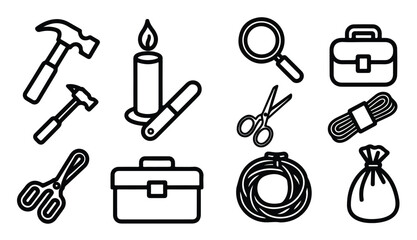 Essential survival and workplace toolkit outline icons with briefcase rope and scissors. © MDNAZMUL