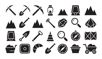 Mining industry equipment icons featuring shovels compass wheelbarrow and mountain shapes. © MDNAZMUL