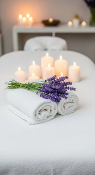 A serene spa massage table features crisp white towels topped with fresh purple lavender sprigs and glowing candles in a tranquil room, therapy, holistic, relaxation