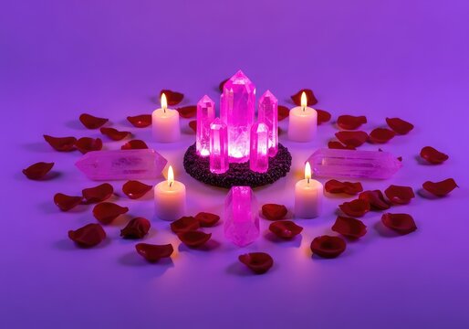A serene love ritual scene featuring glowing pink crystals and lit candles surrounded by scattered rose petals in soft violet illumination, radiant, vibration, energy