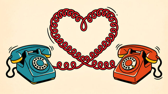 Retro rotary telephones connected by a red cord shaped like a heart